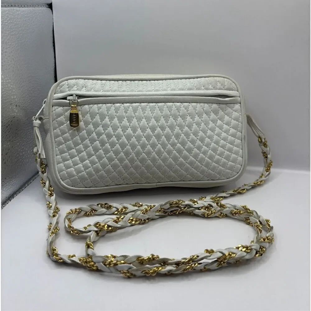 Bally Women's Quilted Leather Crossbody Purse White With Gold Chain Link Strap